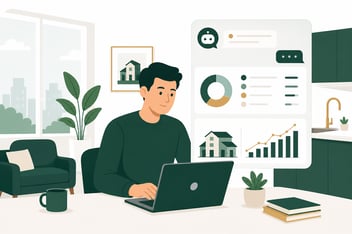 A rental property owner reviews AI-powered accounting on a laptop inside a bright modern apartment.