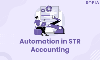 Illustration of automation in STR accounting with a robotic arm and laptop.