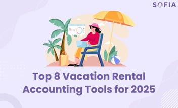 llustration of a woman on a beach chair with a laptop, tropical elements, and text: ‘Top 8 Vacation Rental Accounting Tools for 2025.’