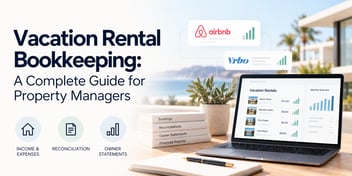Vacation rental bookkeeping dashboard showing property income, expenses, reconciliations, and owner statements.